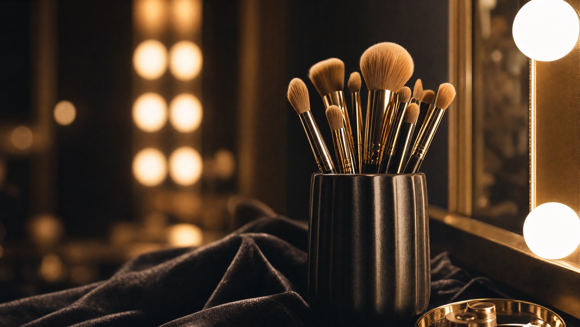 Champagne-gold makeup brushes on dark velvet, lit by warm vanity mirror bulbs